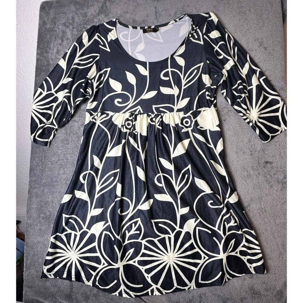 R&B Collection Women's Dress 3/4 Sleeve Navy Cream Floral Scoop‎ Neck Size XL